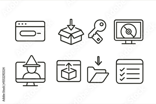 Software Installation Icons. Line style icons of software installation: install progress, download box, license key, CD setup.