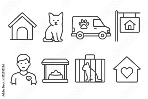Animal Rescue Icons. Line style icons of rescue and shelters: dog kennel, stray cat, rescue van, shelter sign. animal rescuer,