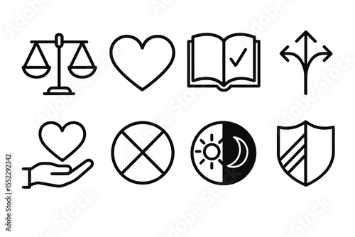 Icons of Morality. Line style icons of morality and ethics: scales of justice, open heart, truth book, right path. good deed icon,