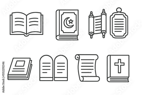 Sacred Text Icons. Line style icons of sacred texts: open Bible, closed Quran, rolled Torah, Hindu scripture. Buddhist sutra,