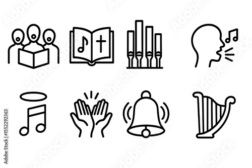 Sacred Music Icons. Line style icons of sacred music: choir symbol, hymn book, organ pipes, chanting mouth. spiritual note, prayer