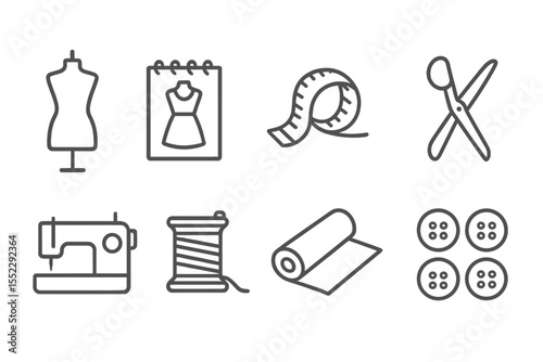Fashion Design Icons. Line style icons of fashion design tools: mannequin, sketchpad, measuring tape, scissors. sewing machine,
