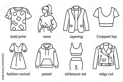 Fashion Trend Icons. Line style icons of fashion trends: bold print, neon look, layering icon, cropped top. fashion revival,
