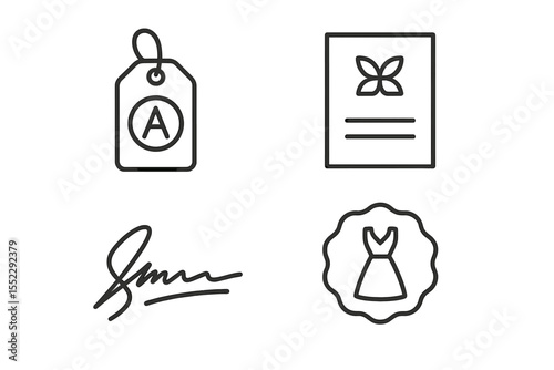 Fashion Branding Icons. Line style icons of fashion branding: logo tag, label icon, fashion label, signature icon. brand name,