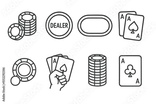 Poker Element Icons. Line style icons of poker elements: poker chips, dealer button, poker table, hole cards. blind bet, all-in