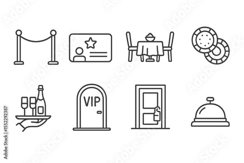 VIP Experience Icons. Line style icons of VIP experience: velvet rope, VIP card, luxury table, exclusive chips. champagne tray,