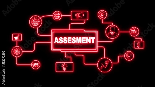 Glowing neon line Assessment analysis evaluation measure. Business, Technology, Internet and network concept. Business sale profit or marketing success idea.