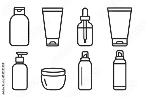 Hair Care Icons. Line style icons of hair care products: shampoo bottle, conditioner tube, hair oil, styling gel. hair serum, hair