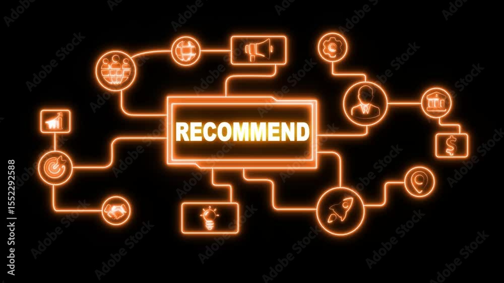 The word Recommendation on the virtual screen backgroud with alpha channel. Business, Technology, Internet and network concept. 4k video motion