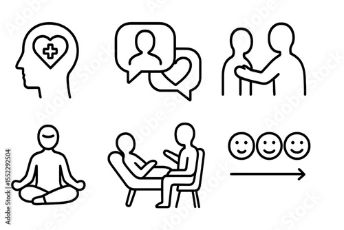 Psychological Recovery Icons. Line style icons of psychological recovery: mental health icon, support talk, relaxation pose,