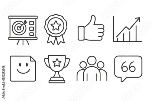 Motivational Icons Set. Line style icons of motivational tools: goal board, encouragement badge, thumbs up, progress chart.