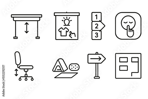 Classroom Adaptation Icons. Line style icons of classroom adaptations: desk height, visual instructions, step-by-step chart, quiet