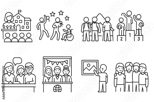 Inclusive School Icons. Line style icons of inclusive school events: school assembly, talent show, class trip, sports day. parent