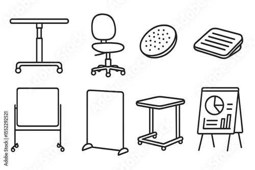 Inclusive Classroom Furniture Icons. Line style icons of inclusive classroom furniture: adjustable desk, ergonomic chair, sensory