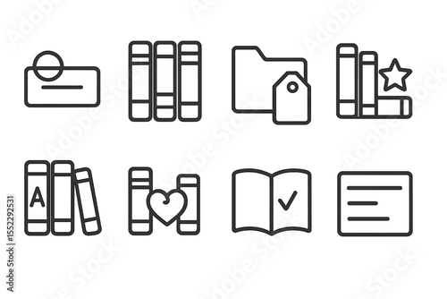 E-Book Icons Collection. Line style icons of e-book organization: genre label, book collection, tag folder, favorite shelf. sort