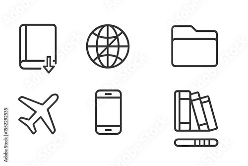 Offline Access Icons. Line style icons of offline access: downloaded book, no internet sign, save icon, storage folder. airplane