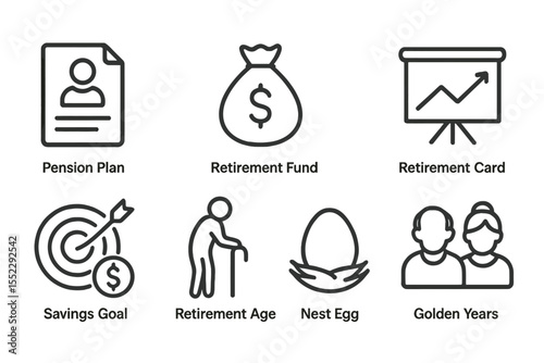 Retirement Savings Icons. Line style icons of retirement and savings: pension plan, retirement fund, retirement card, annuity