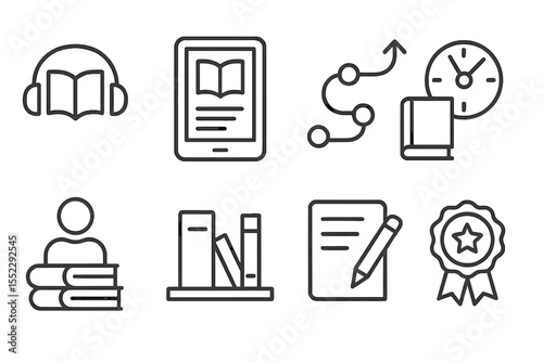 Productivity Icons Set. Line style icons of digital reading for productivity: nonfiction audio, book summary, learning track, time