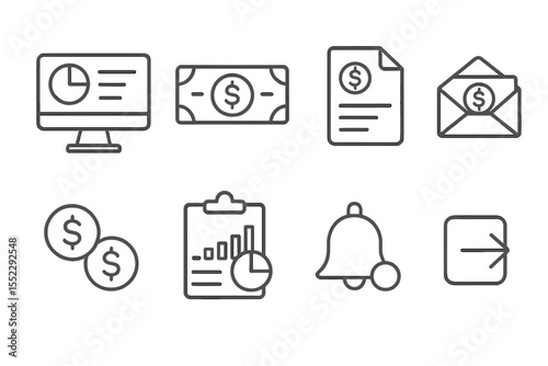 Online Banking Icons. Line style icons of online banking interface: dashboard screen, account balance, transaction tab, pay bills