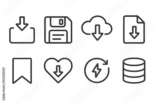 Line Style Save Icons. Line style icons of saving and storing: save icon, floppy disk, cloud save, save document. bookmark icon,