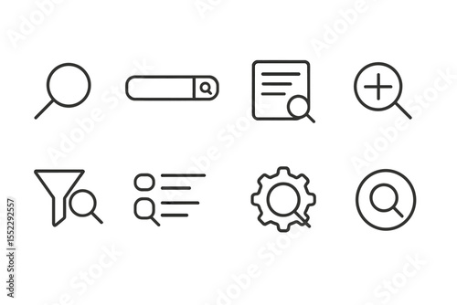 Search Icons Set. Line style icons of search functions: magnifying glass, search input field, search result, zoom in icon. filter