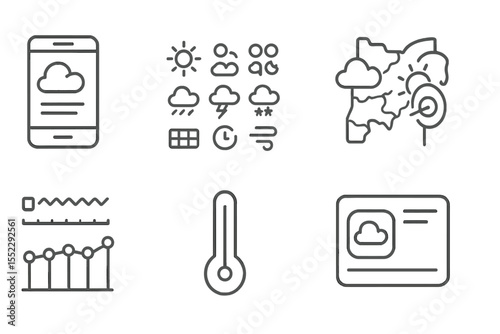 Weather App Elements. Line style icons of weather app elements: forecast screen, weather icon pack, weekly forecast, location