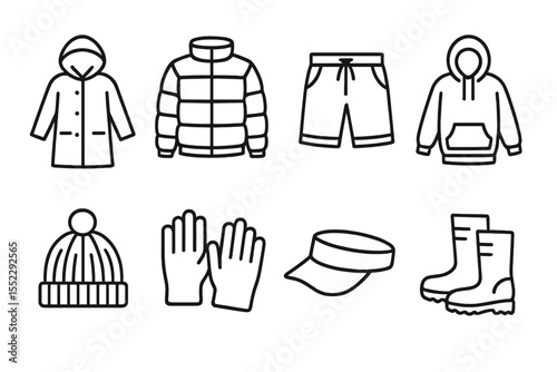 Seasonal Clothing Icons. Line style icons of seasonal clothing: raincoat icon, winter jacket, summer shorts, spring hoodie. wool