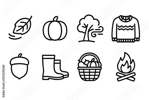 Autumn Line Art Icons. Line style icons of autumn season: falling leaf, pumpkin icon, windy tree, cozy sweater. acorn icon, autumn