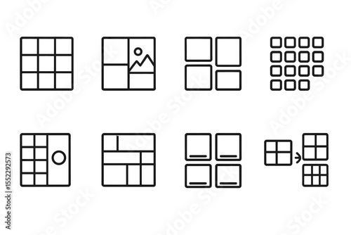 Grid Layout Icons. Line style icons of grid layouts: square grid, image tiles, gallery grid, compact grid. grid toggle icon,