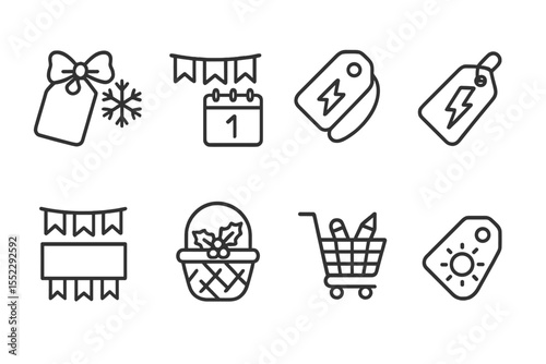 Seasonal Shopping Icons. Line style icons of seasonal shopping: holiday sale, New Year special, Black Friday tag, back-to-school
