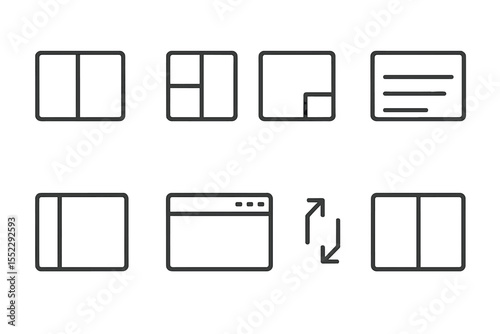Interface Layout Icons. Line style icons of interface layout controls: layout toggle, view selector, panel control, side menu.