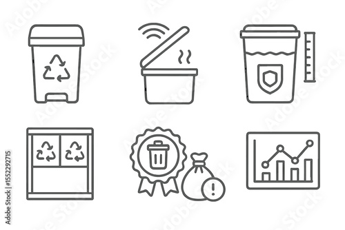 Home Robotics Icons. Line style icons of home robotics and automation: smart trash bin, auto lid sensor, odor lock filter, trash
