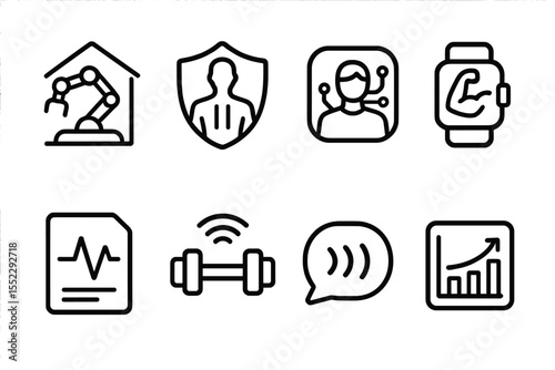 Home Robotics Icons. Line style icons of home robotics and automation: robotic home gym assistant, posture corrector badge, AI