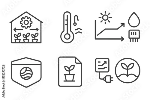 Digital Agriculture Icons. Line style icons of digital agriculture and agrotech: automated greenhouse system, temperature control