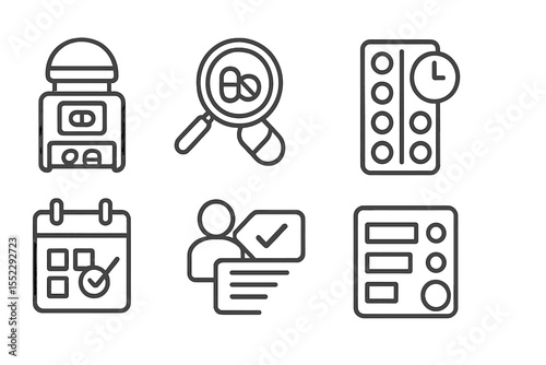 Home Robotics Icons. Line style icons of home robotics and automation: robotic medicine dispenser, pill ID scanner, time-release