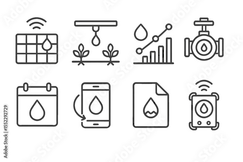 Digital Agriculture Icons. Line style icons of digital agriculture and agrotech: smart irrigation grid, drip system icon, pressure