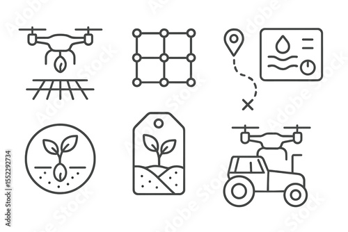 Digital Agriculture Icons. Line style icons of digital agriculture and agrotech: seed drone dispenser, planting grid icon, flight