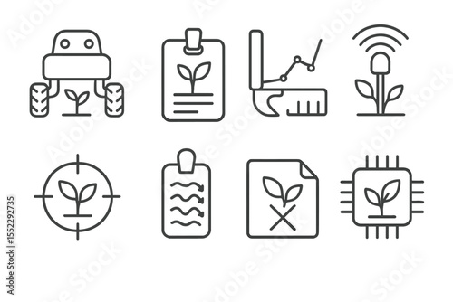 Agrotech Line Icons. Line style icons of digital agriculture and agrotech: autonomous weeding robot, plant ID badge, blade arm