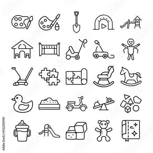 Collection of Line Art Icons Representing Various Children s Toys and Activities