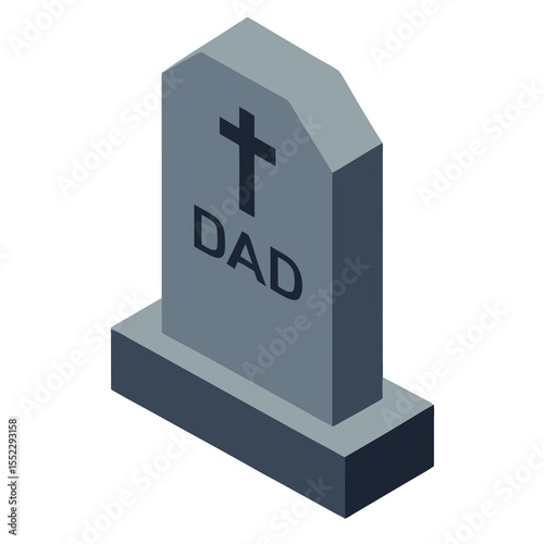 Father's headstone isometric concept with gravestone icon. Memorial tribute for Dad. Vector illustration for Father’s Day on white background.
