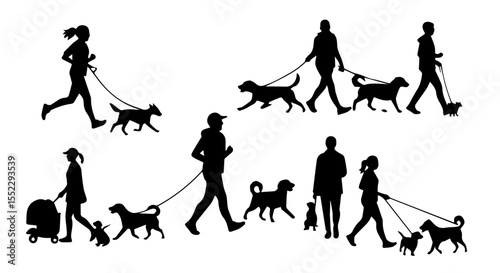 Silhouette figures walk dogs on leashes, portraying daily life, animal companionship and canine companions