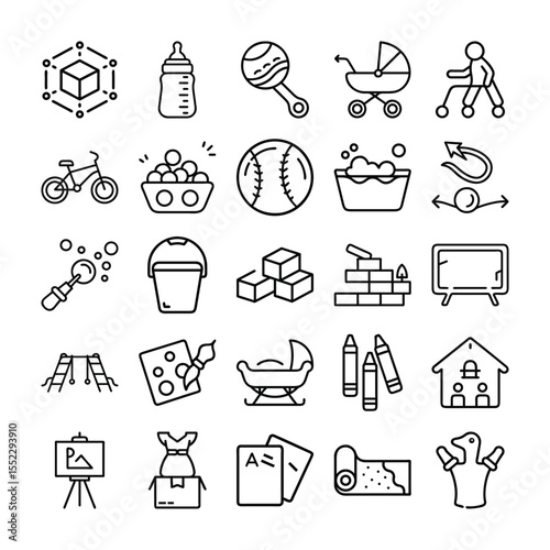 Collection of Child Development and Play Icons in Black and White Outline
