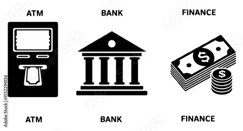Illustration showing ATM, bank building, and money stack representing banking, finance and investment