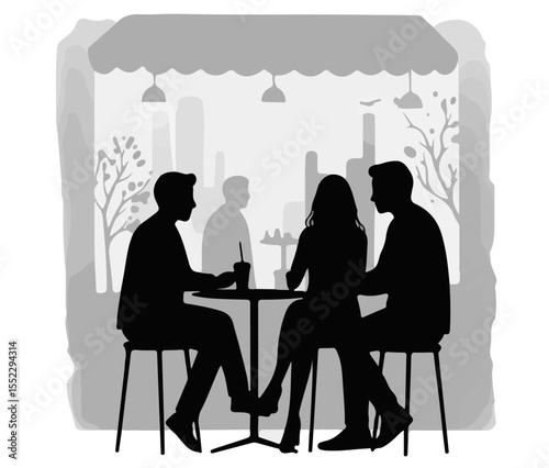 Friends enjoy coffee at an outdoor cafe with city skyline, shown as a silhouetted vector illustration.