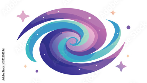 Abstract galactic spiral design with gradient colors and celestial elements on transparent background
