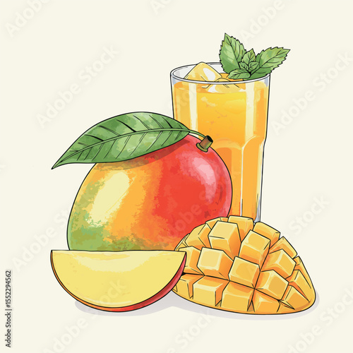Fresh Mango Juice and Slices Natural Healthy Sweet Fruit Drink 