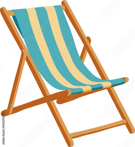 A wooden beach chair with a blue and yellow striped blanket. The chair is open and ready for use