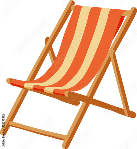 A wooden beach chair with a striped blanket. The chair is open and ready for use. Concept of relaxation and leisure, as the chair is set up for someone to sit and enjoy the beach