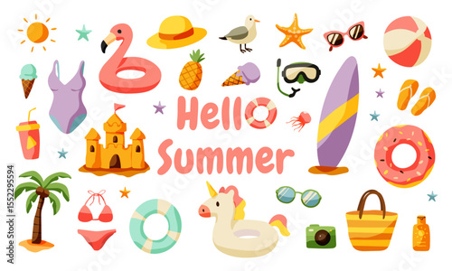 A colorful image of beach items and a pink and white text that says "Hello Summer". The image is full of beach items such as a surfboard, a beach ball, a hat, and a camera