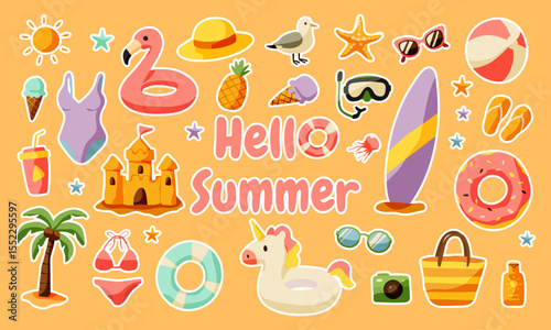A colorful image of beach items and a pink flamingo hat with the words Hello Summer written below